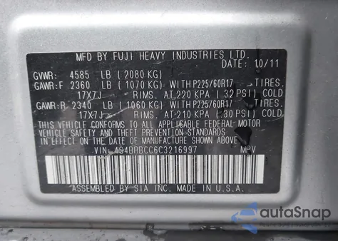 2012 Subaru Outback 2.5I Premium z USA, uszkodzony, nr VIN 4S4BRBCC6C3216997